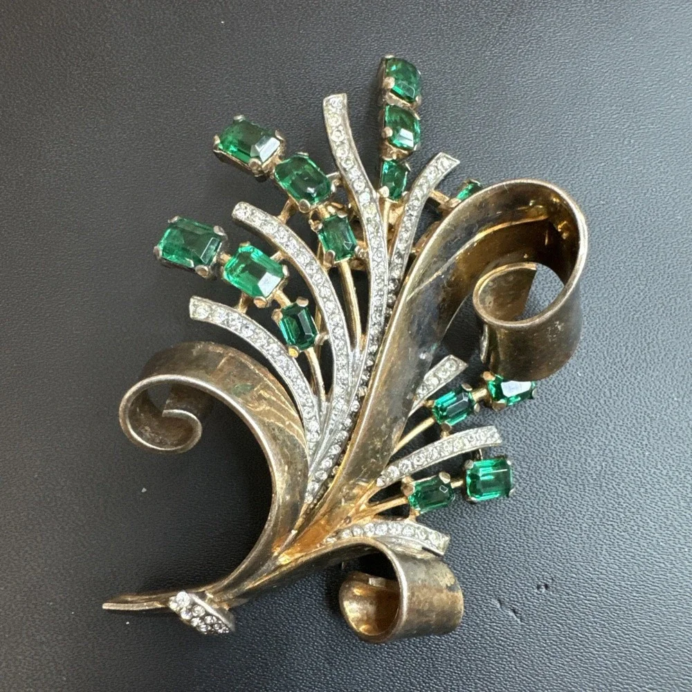 Crown Trifari Alfred Philippe Signed Large Fur Clip Brooch Sterling Large Flower